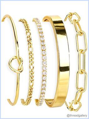 14K Gold Plated Sterling Silver Bracelet Set for Women, Stackable Cuff Bangles,